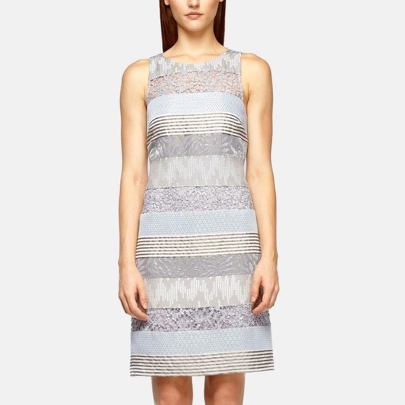 NWT $400 Kay Unger‎ Stripe Mixed Media Shift Dress Silver Blue Gold [Sz 10 ] - Picture 2 of 6